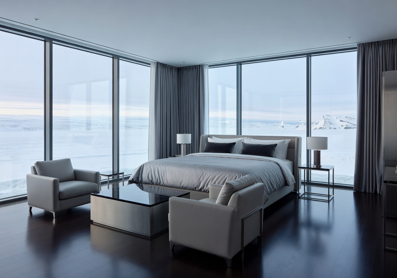Arctic King Suite with floor-to-ceiling windows and luxury furnishings
