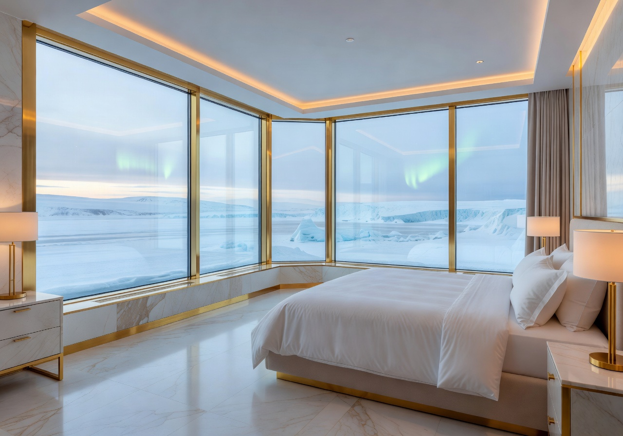 Arctic King Suite with panoramic windows and gold accents