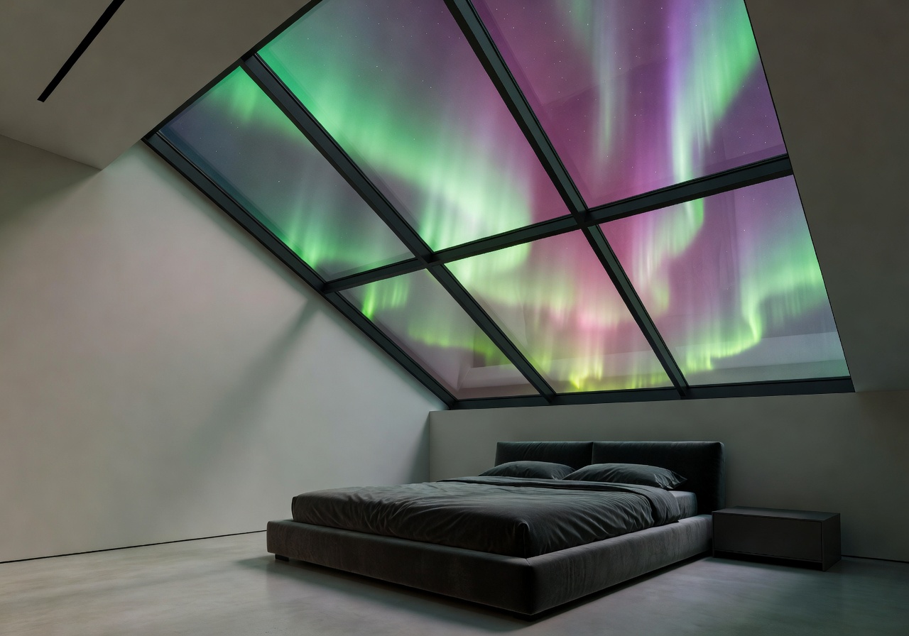 Aurora Suite with glass skylight overlooking northern lights