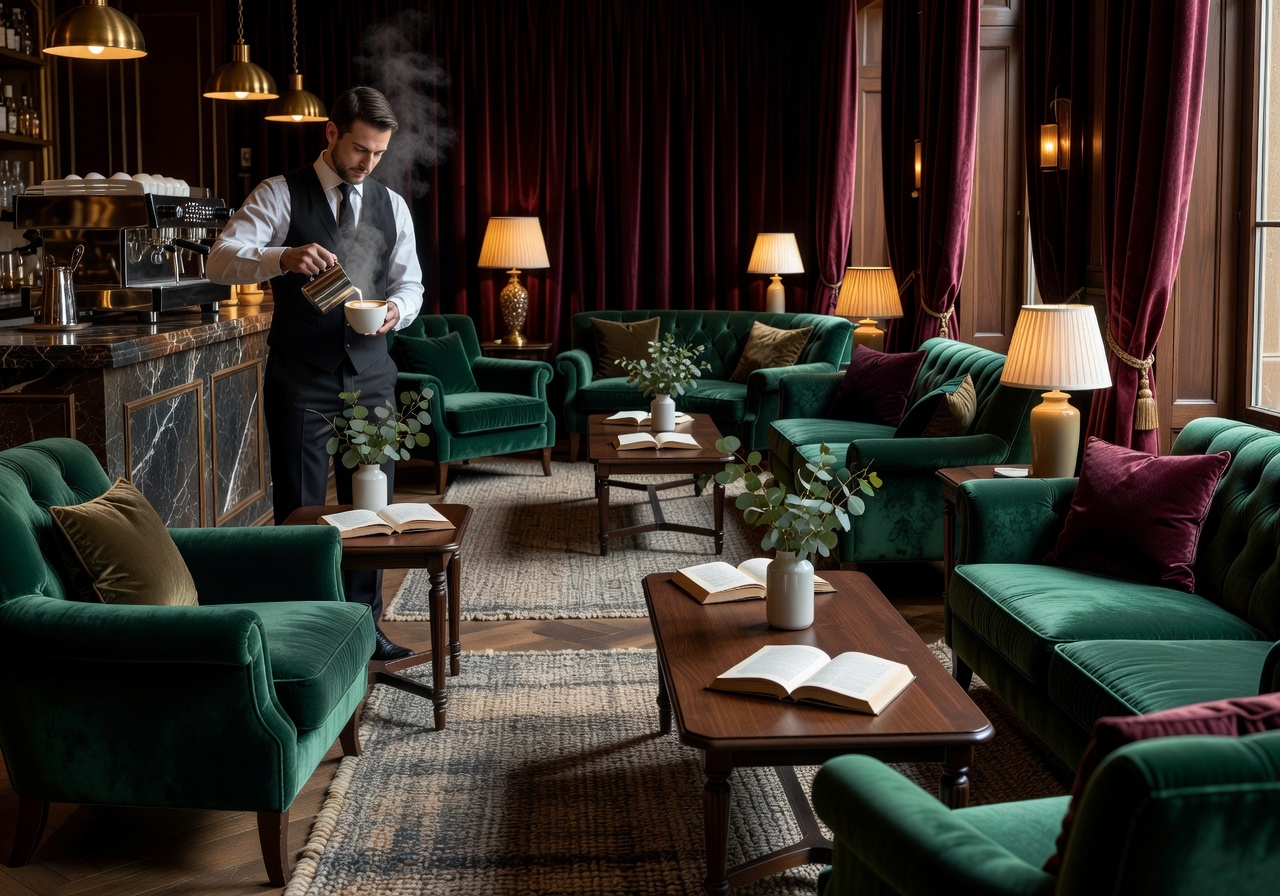 Cozy luxury lounge cafe with espresso service