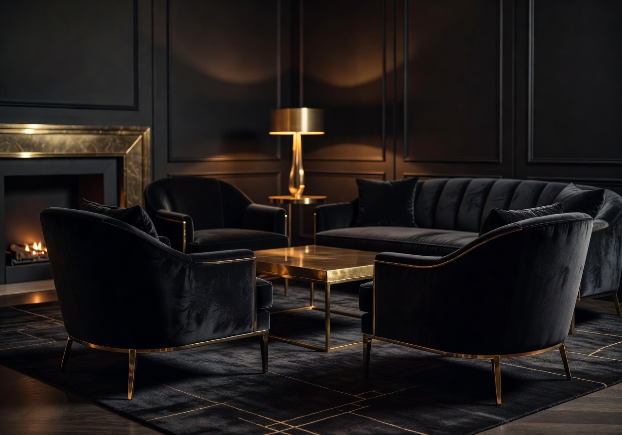 Elegant lounge interior with dark velvet seating and gold accents
