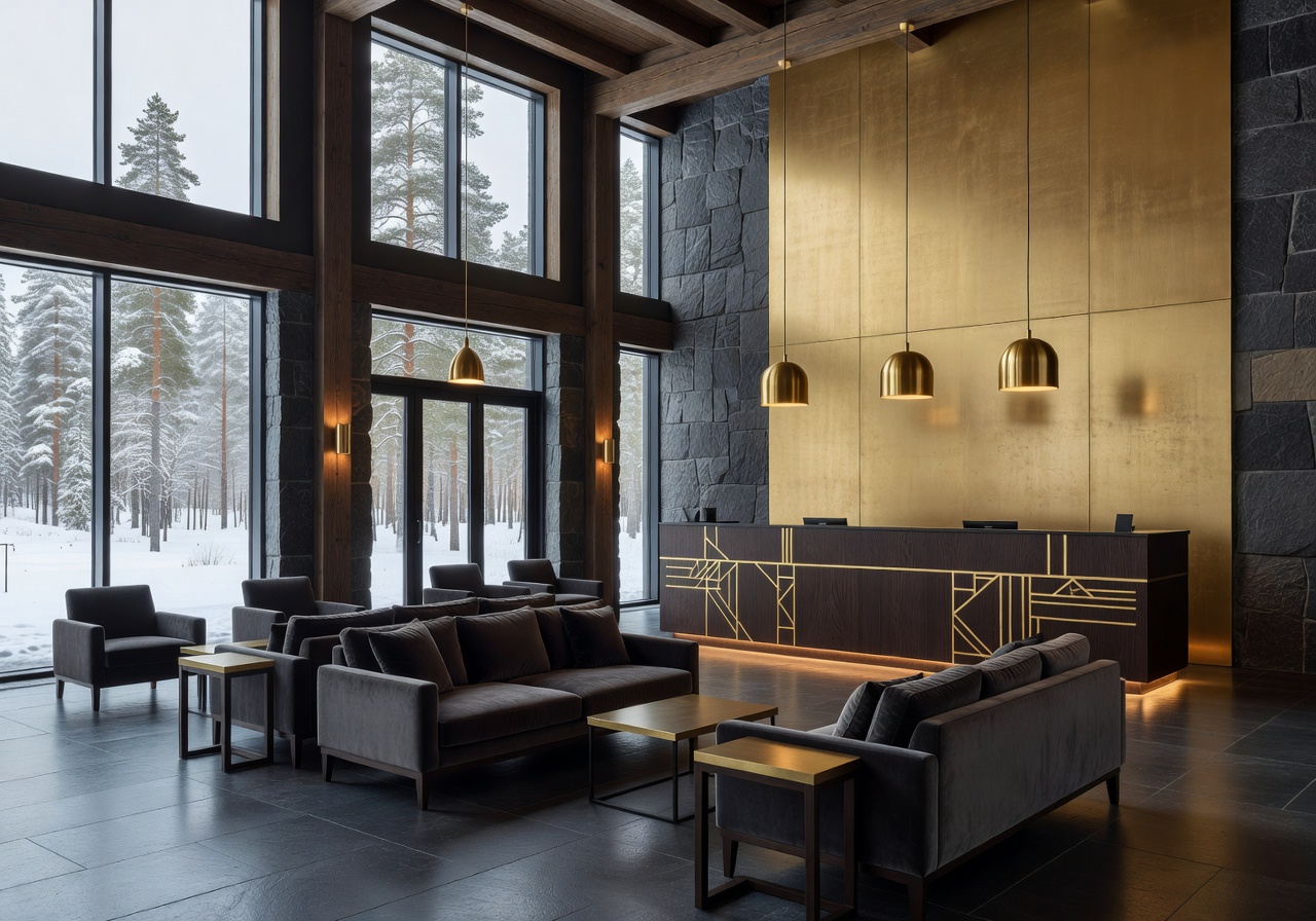 Elegant Nordic hotel lobby with gold and dark accents