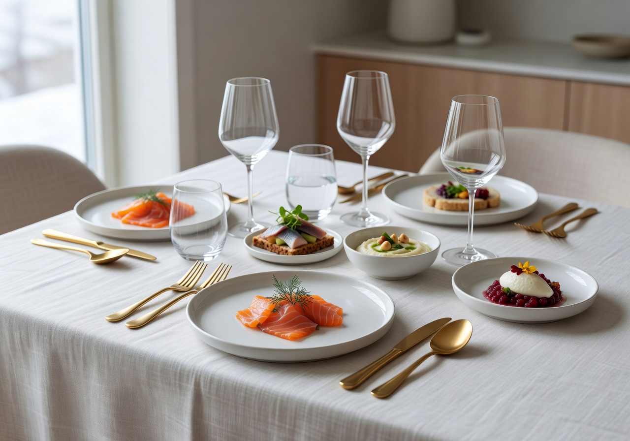 Fine dining table with Nordic cuisine and gold cutlery