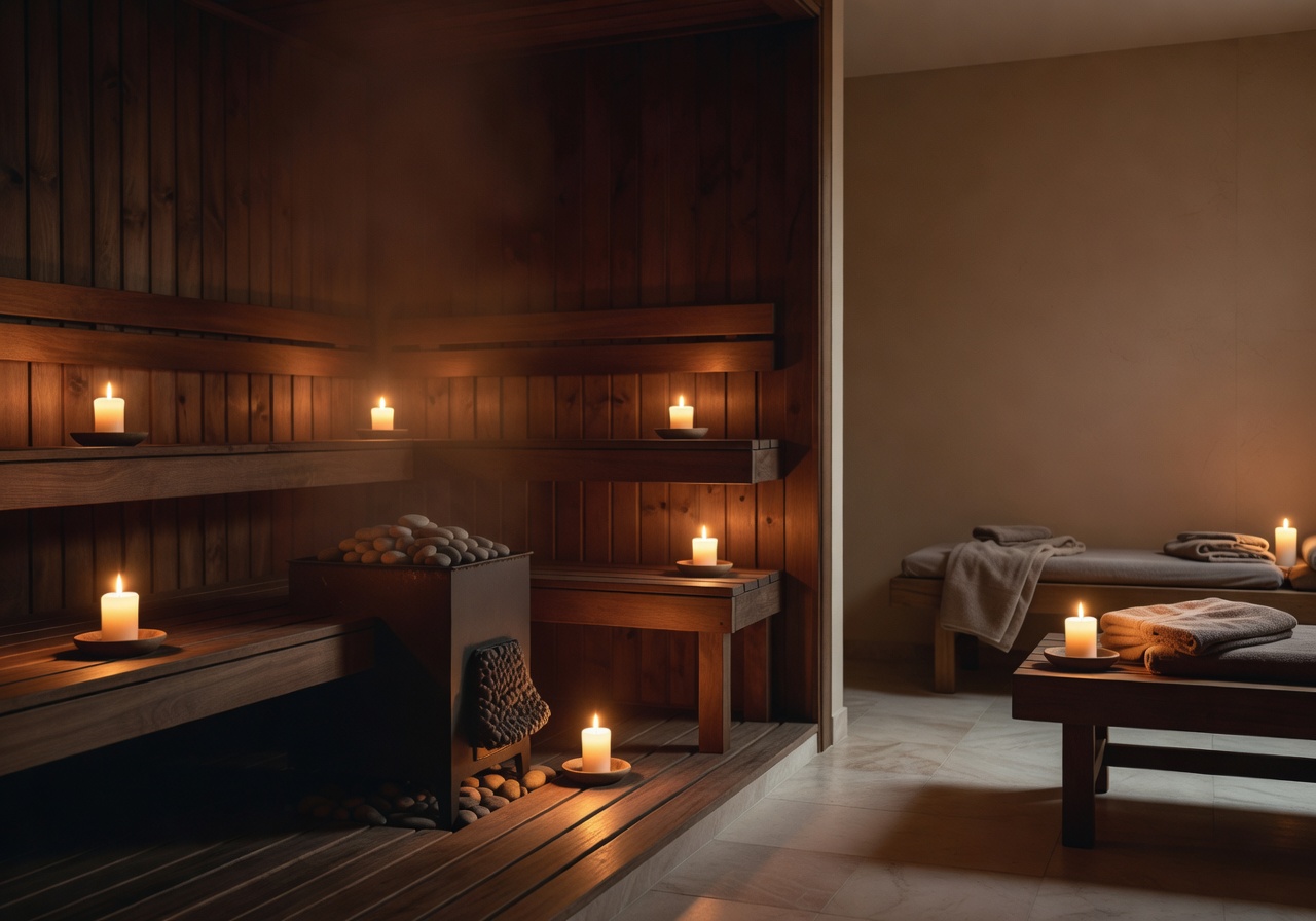 Finnish sauna and spa wellness area with candlelight