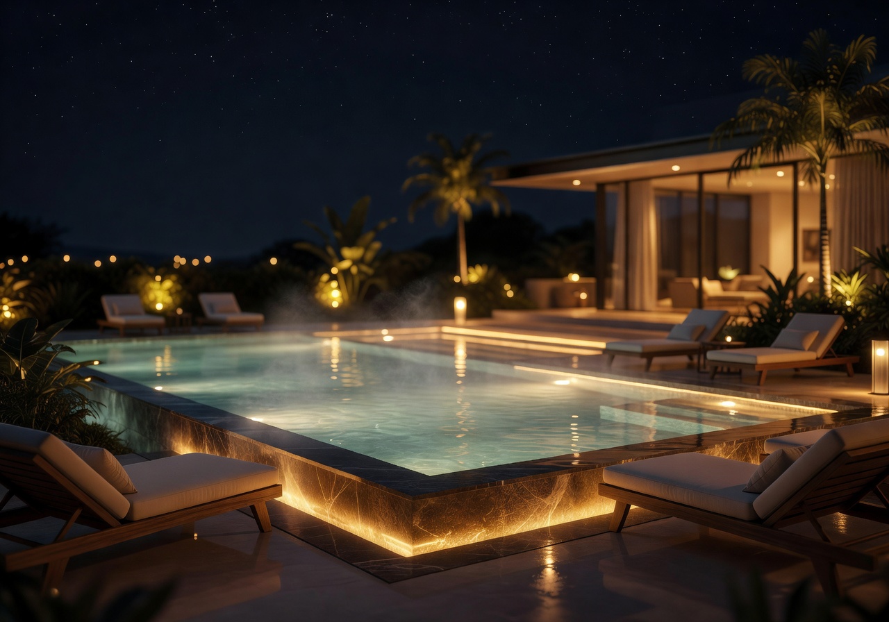Heated outdoor luxury pool at night with golden lighting