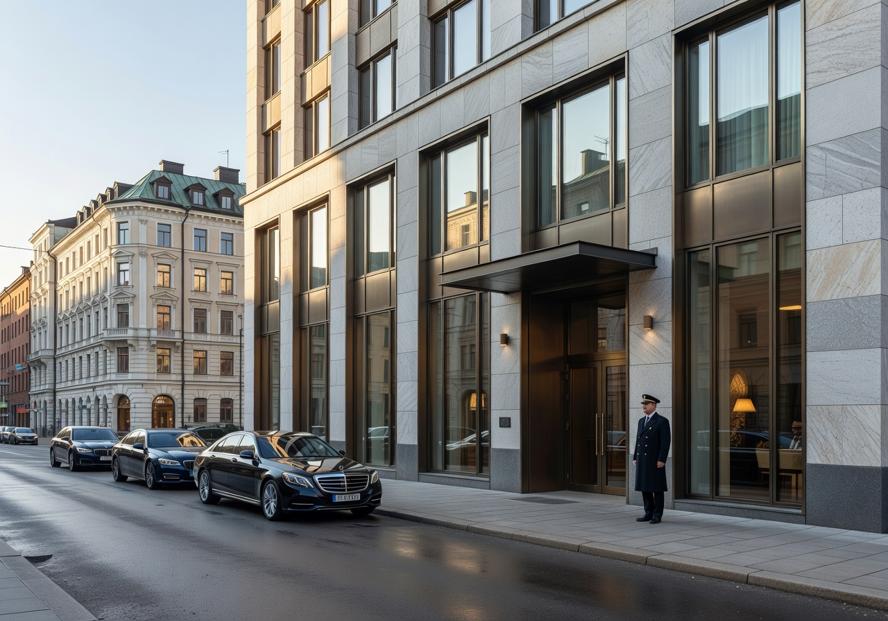 Helsinki Finland city street with luxury hotel exterior