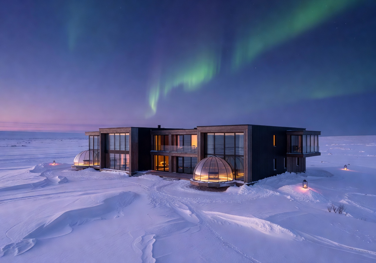Luxury Arctic hotel exterior at twilight in Finland