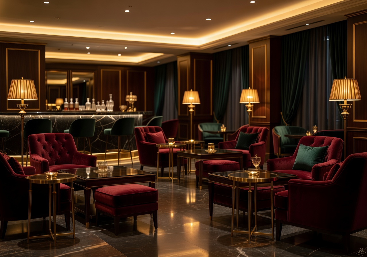Luxury entertainment lounge interior with golden lighting and elegant tables