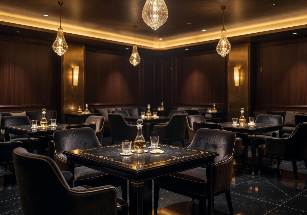 Luxury entertainment lounge with ambient gold lighting and elegant tables