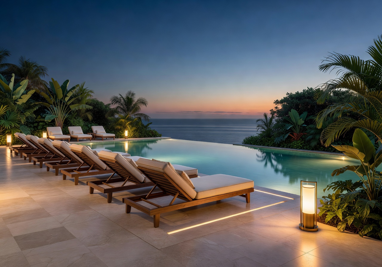 Luxury hotel pool deck with elegant loungers and ambient lighting