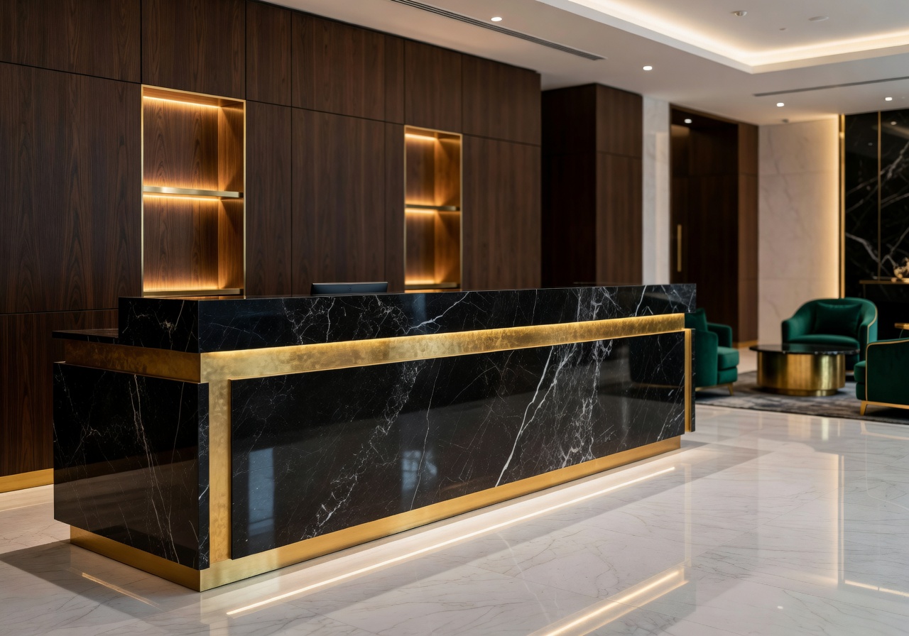 Luxury hotel reception desk with golden accents