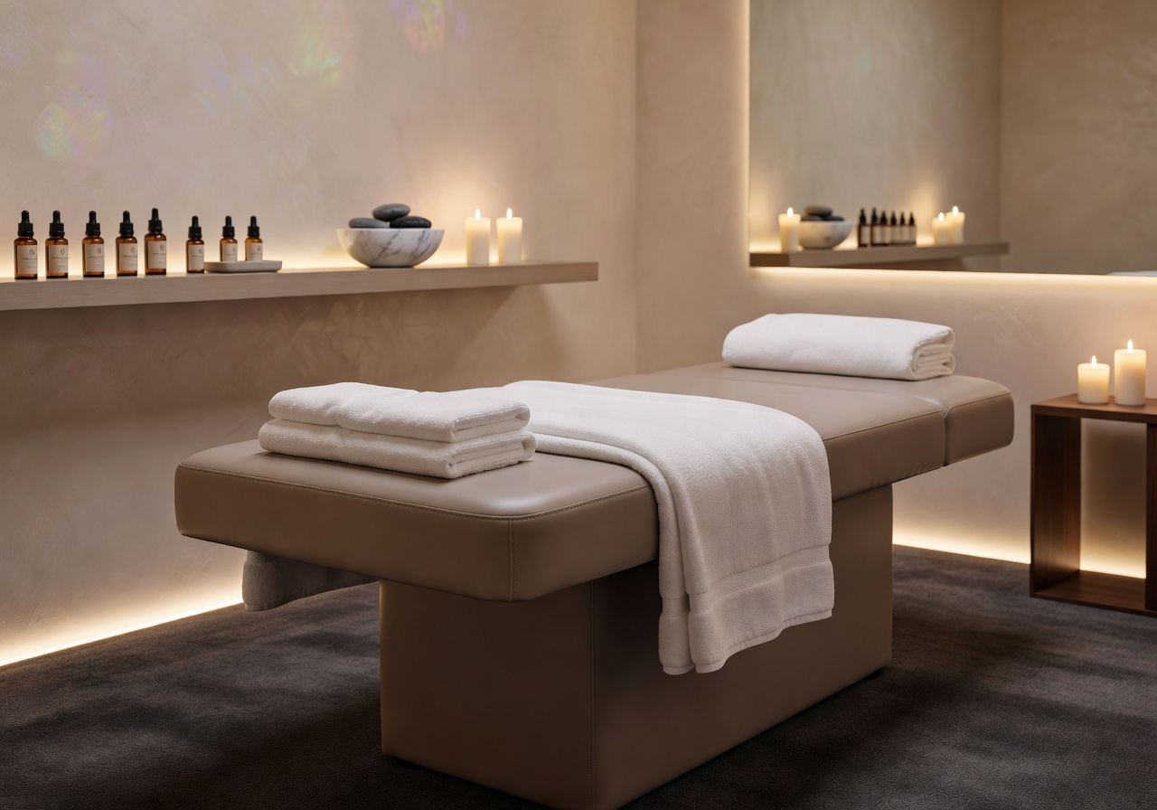Luxury massage treatment room with soft lighting
