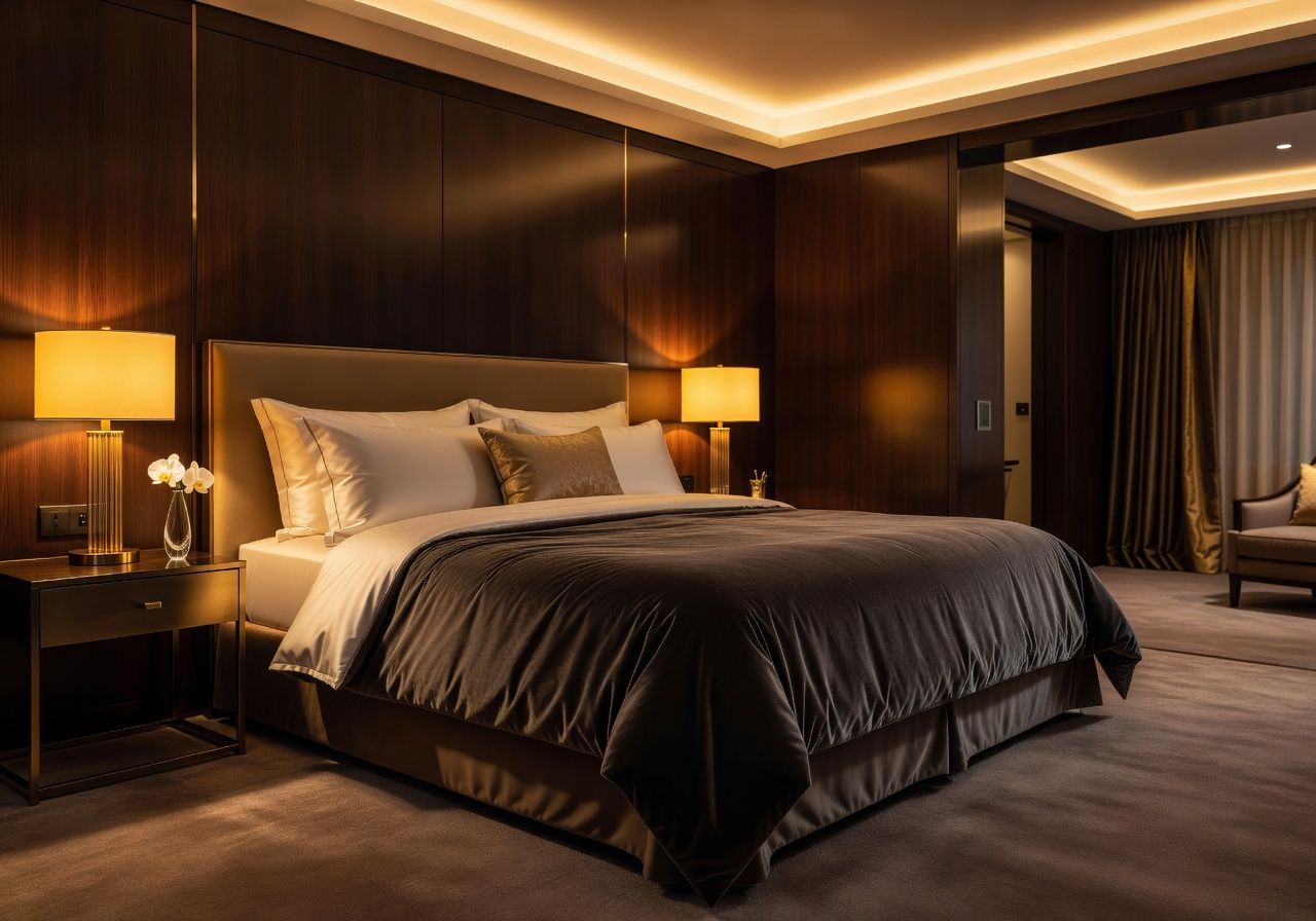 Luxury suite interior with king-size bed and golden ambient lighting