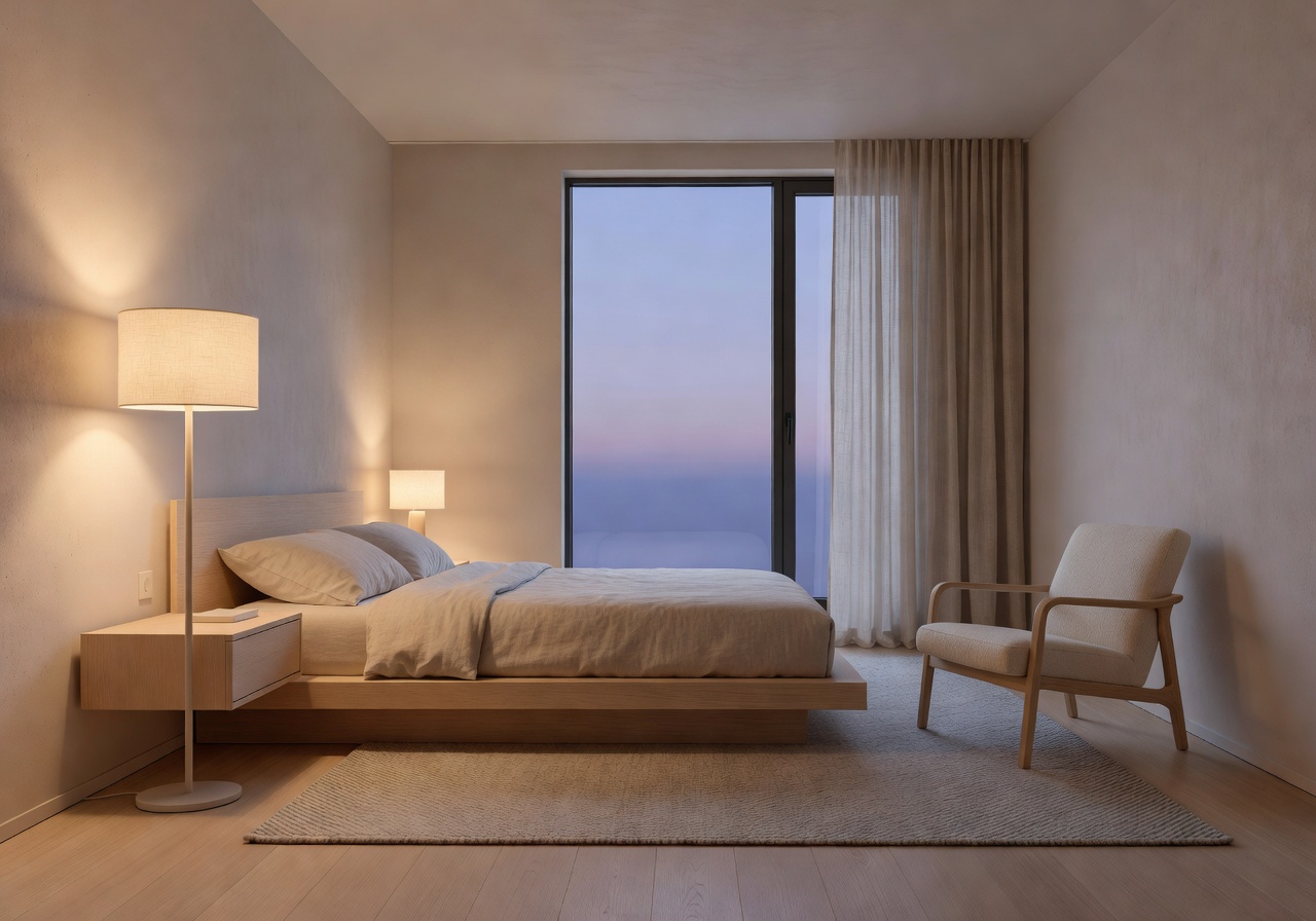 Nordic Deluxe room with minimalist Scandinavian decor and warm lighting
