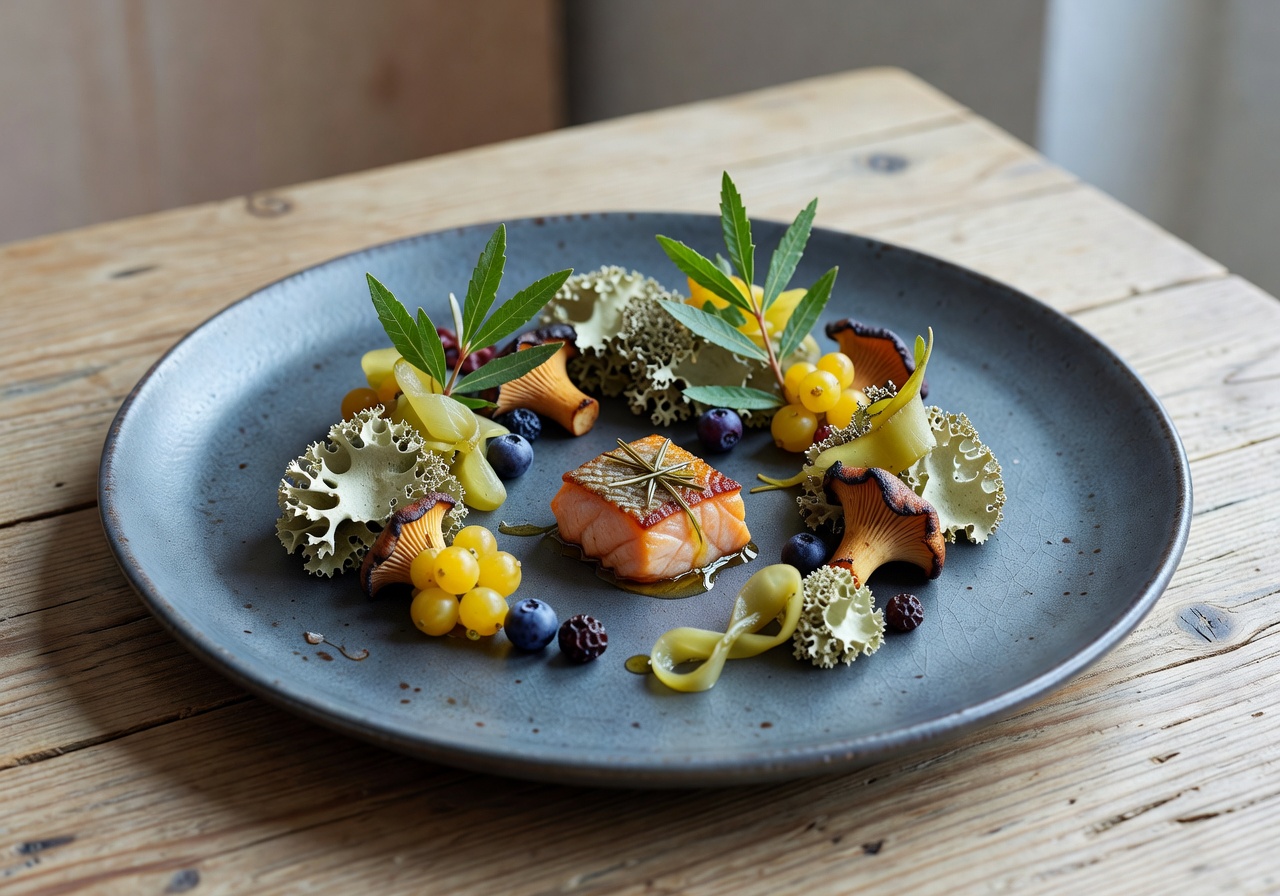Plate of artistic Nordic cuisine with foraged ingredients