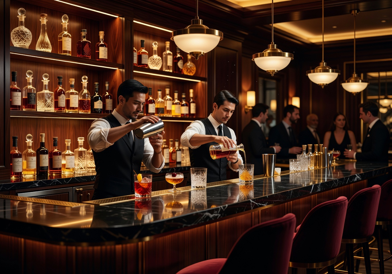 Premium luxury cocktail bar with golden lighting