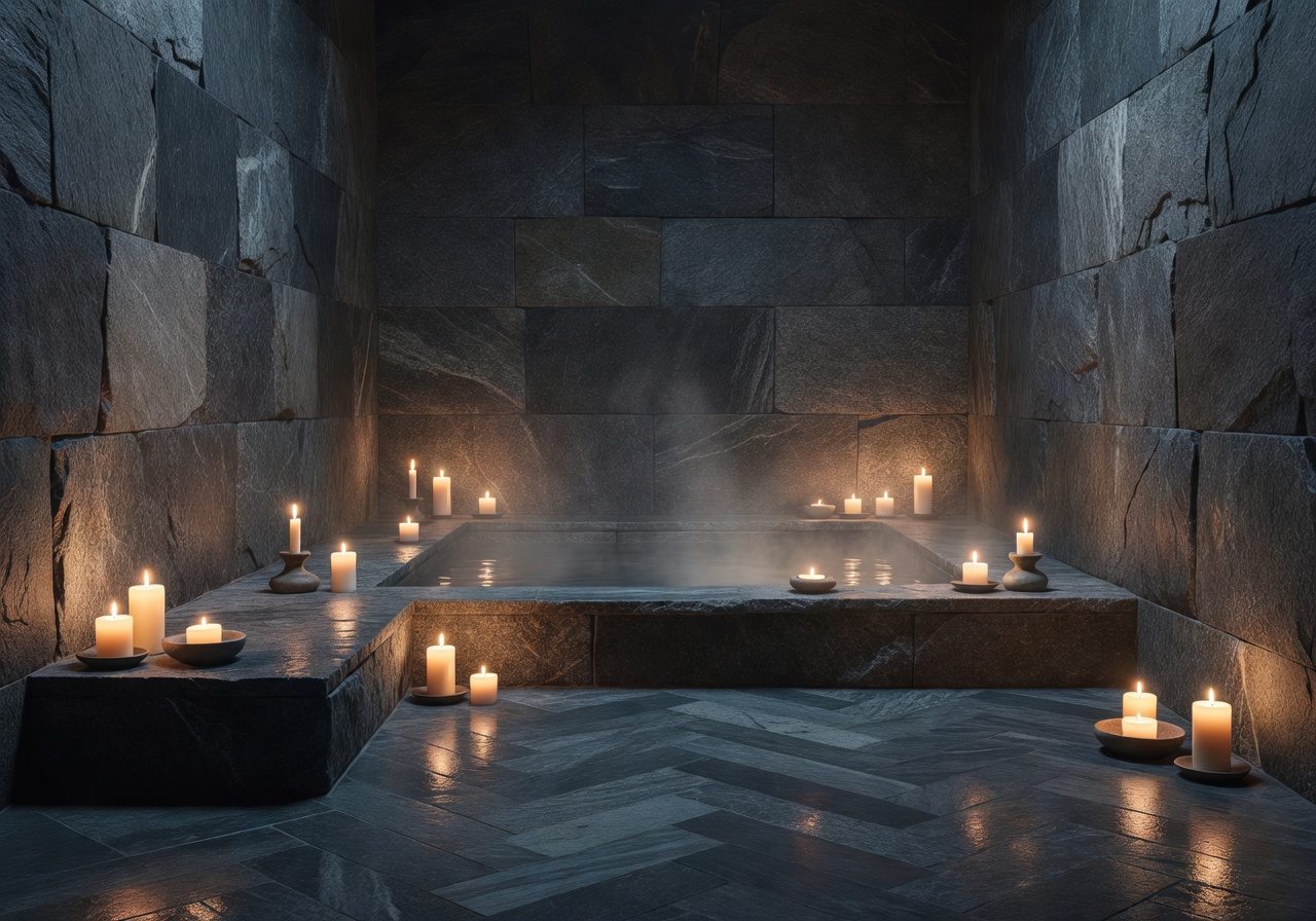 Tranquil Finnish spa with candles and stone interior