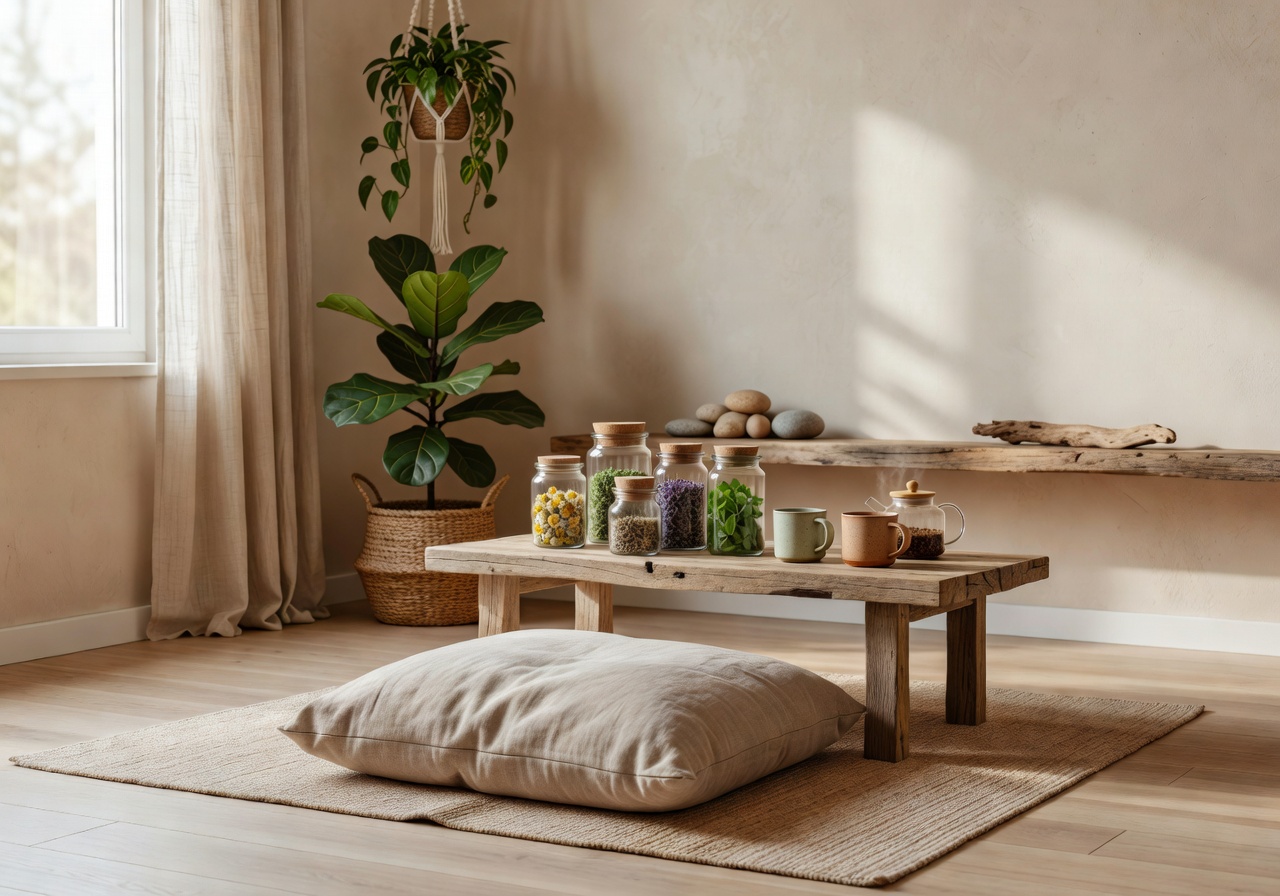 Wellness relaxation room with herbal teas and natural decor